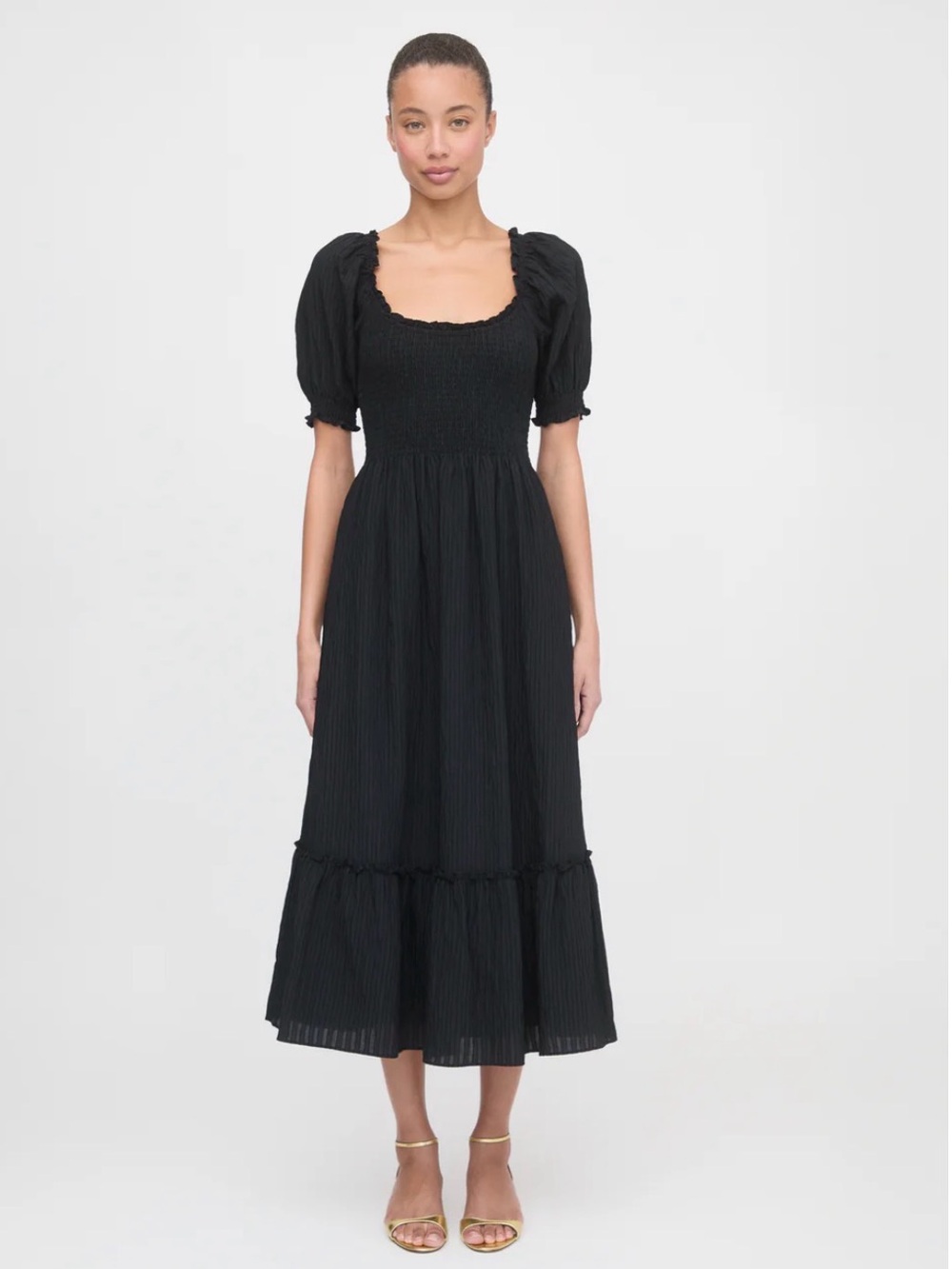 Hill House - The Louisa Nap Dress Black Puff-Sleeve Smocked Midi Dress